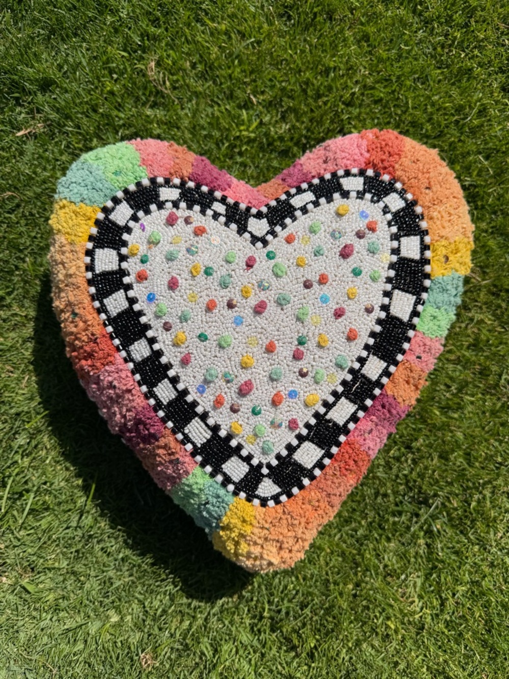 MacKenzie-Childs Rainbow Heart Shaped Accent Pillow Beaded Courtly Check 14” GUC